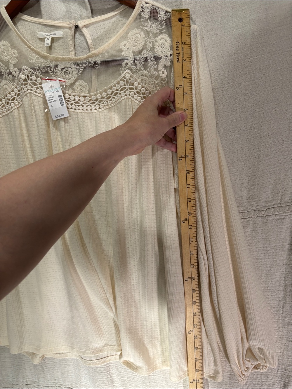 NWT Maurices Cream Crochet Lace Yoke Peasant Blouse Long Sleeve Boho 1X - Picture 5 of 9